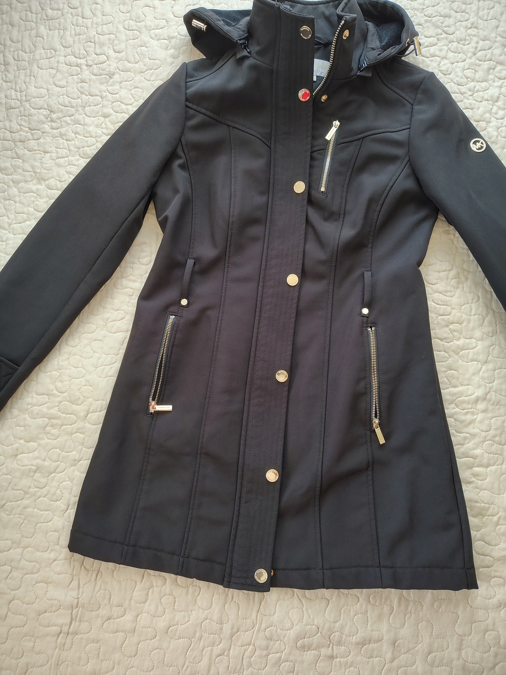 MICHAEL Michael Kors Hooded Softshell Jacket Coat Gold Hardware Black  XSP.